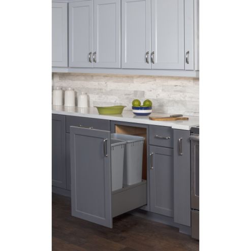 Double 50Qt Metal Drawerbox Trashcan Pullout with Grey Bins Grey Can - MDB5-D50G