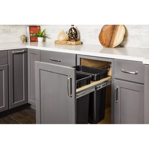 Kit including Top Double Trash Can Unit with Gray 35Qt Trashcans - CAN-TMD1535G-K