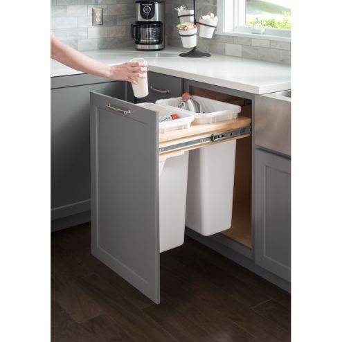 Kit including Top Double Trash Can Unit with Grey 35Qt Trashcans - CAN-TMD1835G-K