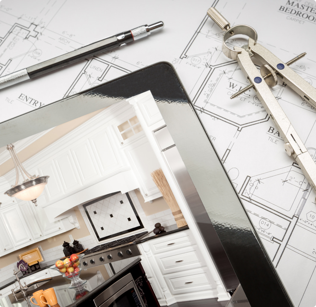 A tablet with kitchen cabinet design on the drawings
