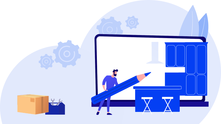 Man whith big pencil creating design for kitchen cabinets