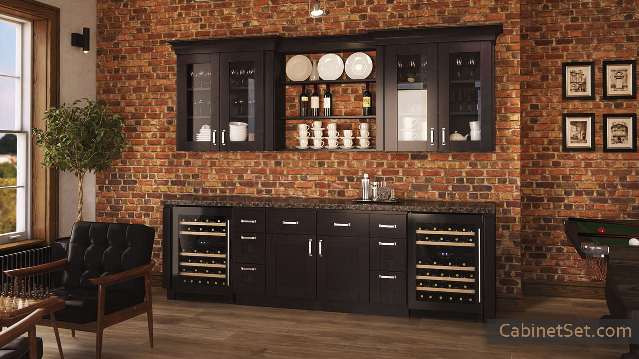 Anchester Espresso home bar cabinet angle view with a wine storage.