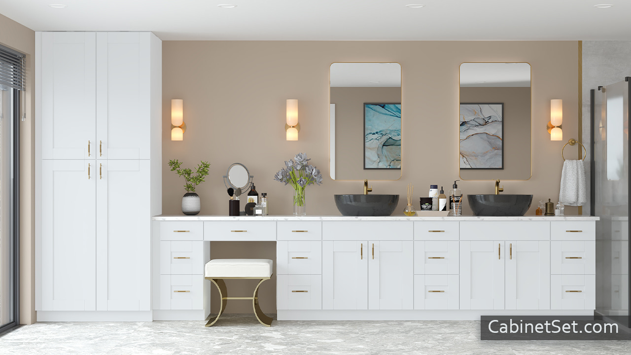 Anchester White bathroom vanity cabinets full view.