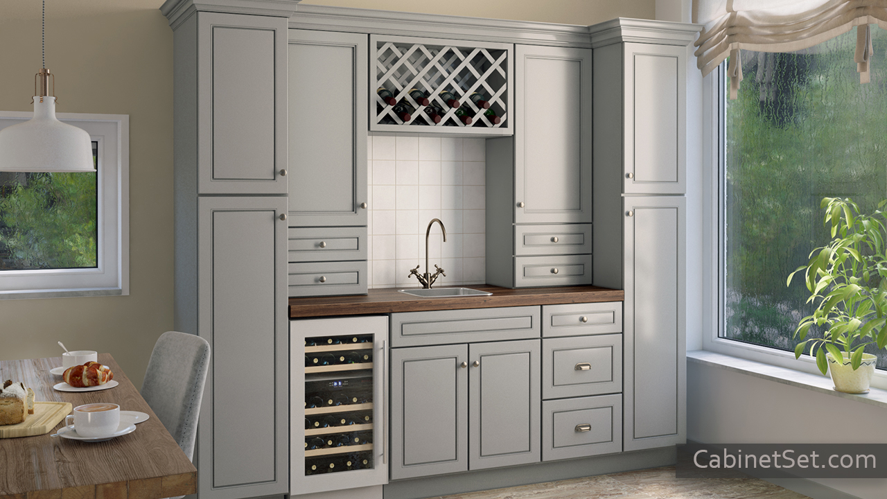 Aspen Grey home bar cabinet with a wine storage.