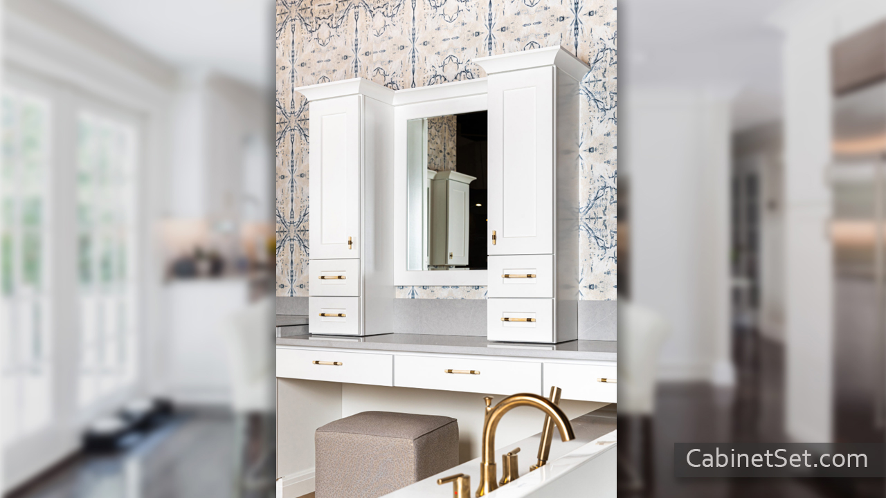 Classic White Shaker bathroom cabinets with a mirror.