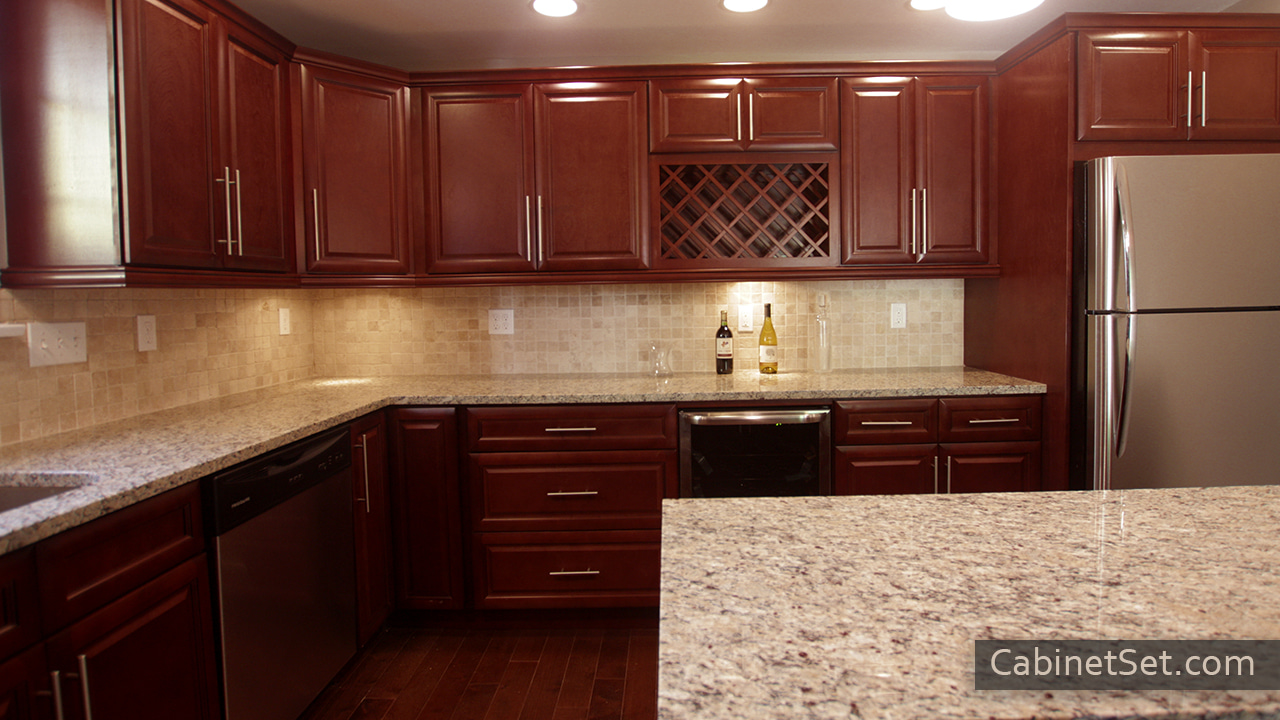 Concord Cherry Glaze kitchen full view with an island.