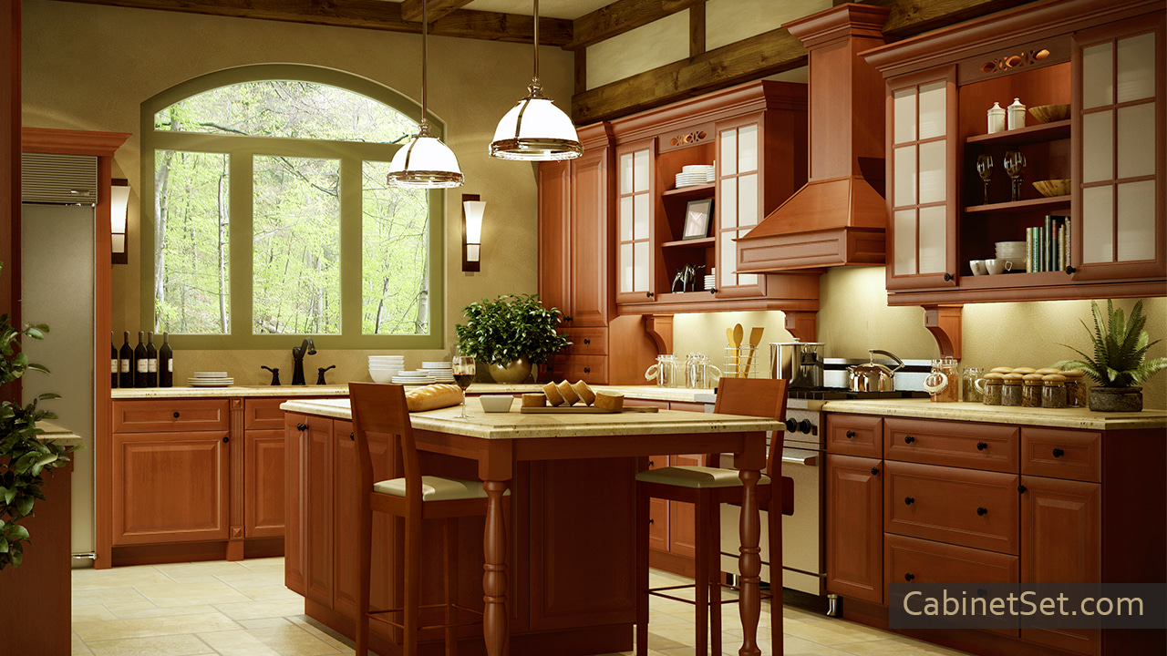 Concord Cinnamon Glaze kitchen full view with an island.