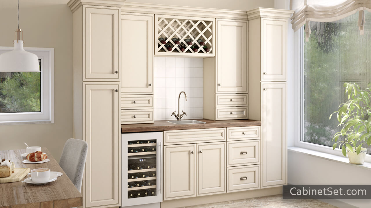 Dark Cream Glaze kitchen full angle view with a wine rack cabinet.