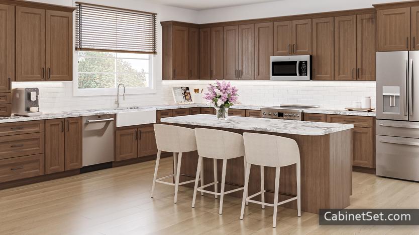 Easton Bourbon Oak kitchen angle view with an island and countertop cabinet.