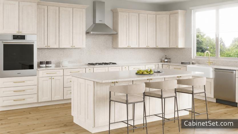 Easton Ivory Oak full kitchen angle view with an island.