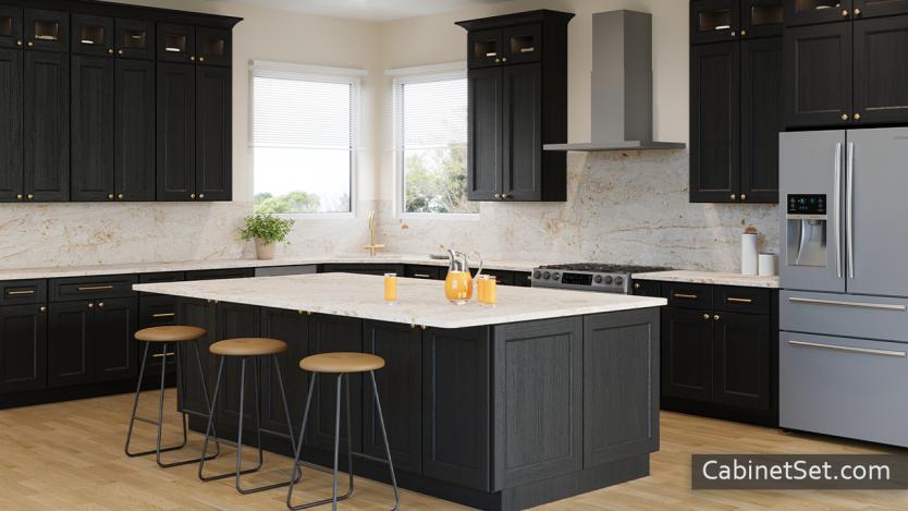 Easton Obsidian Oak kitchen angle view with an island.