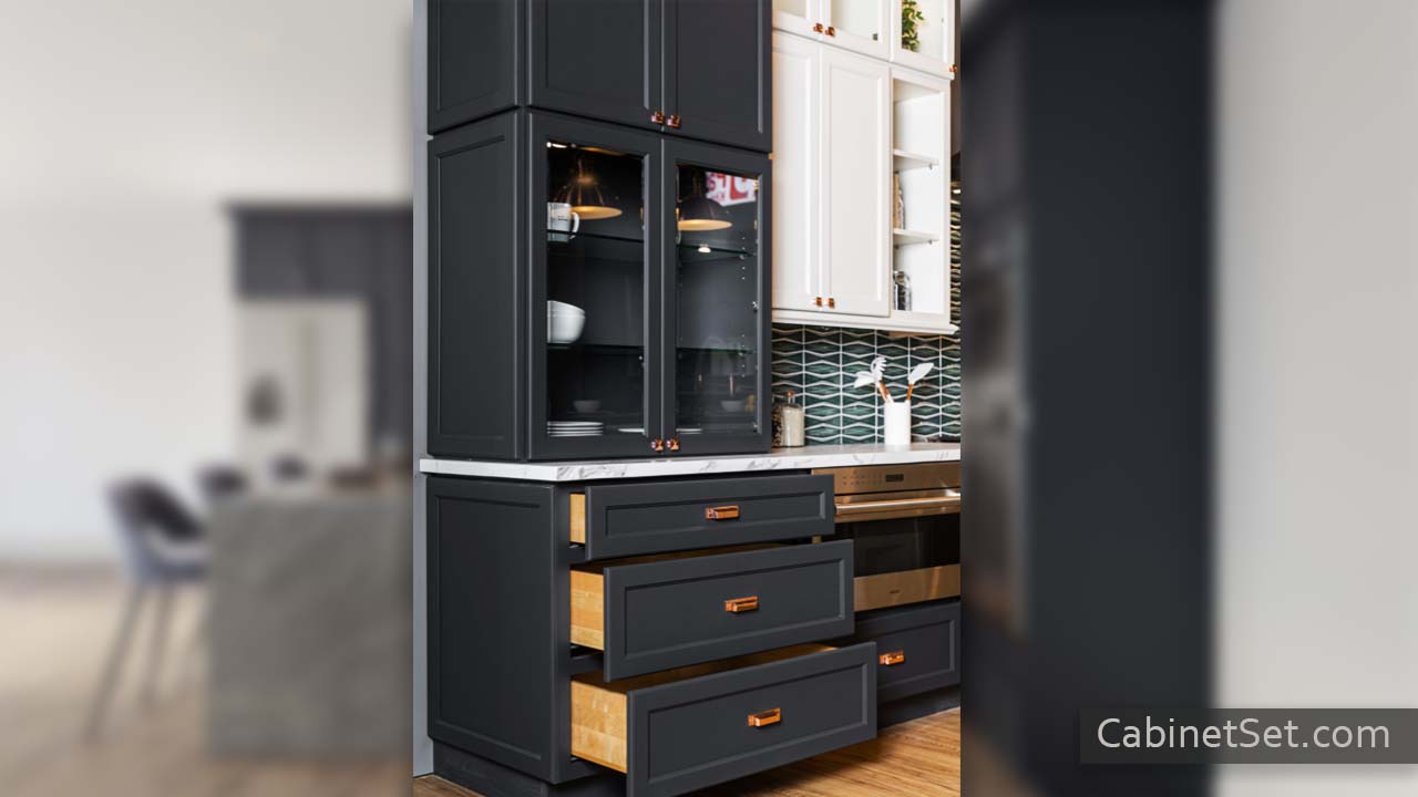 Hanover Charcoal glass door and drawer base cabinets.