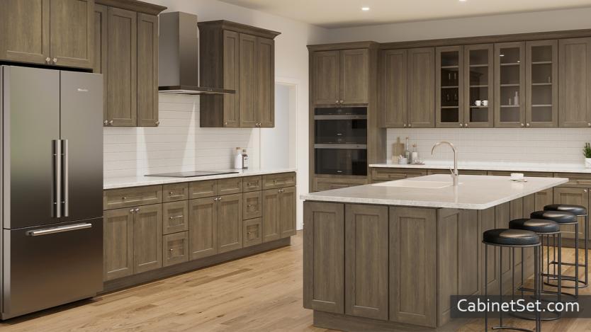 Harmony Ember kitchen angle view with an island and oven cabinet.