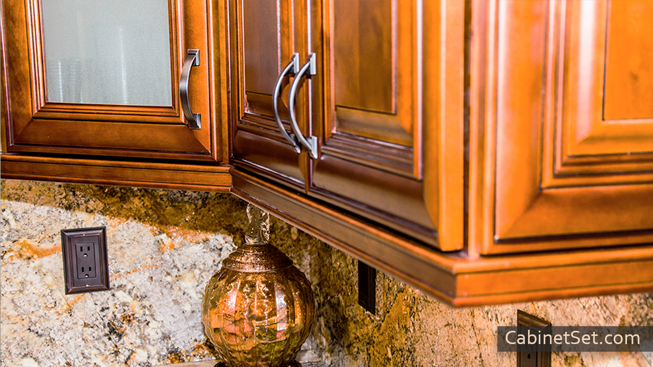 Hawick Chestnut Glaze wall cabinet with light rail molding.