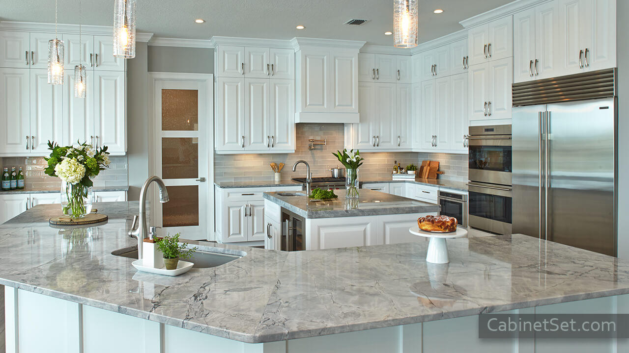 Hudson White full view with an island, wall and base cabinets.
