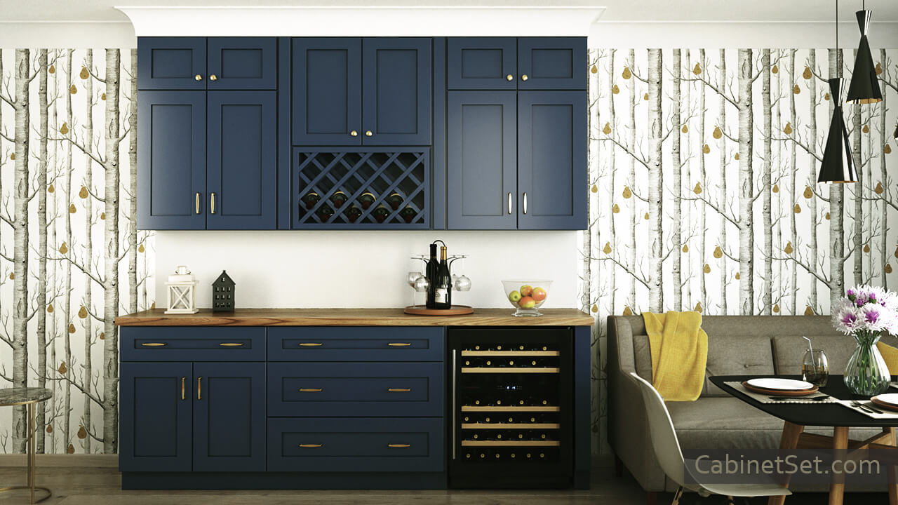 Madison Blue Shaker cabinets with a wine rack.