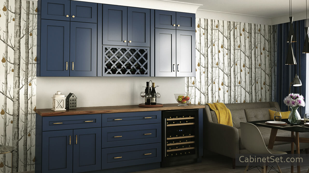 Madison Blue Shaker cabinets with a wine rack, angle view.