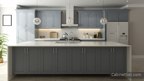 Madison Grey Shaker kitchen full view with an island.