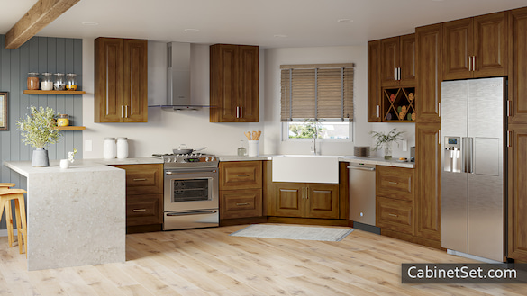 Nutmeg Modern kitchen full view with an island.
