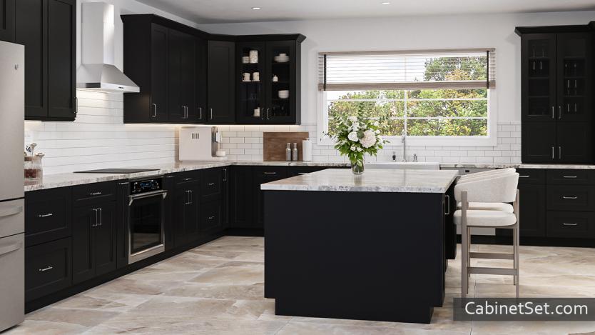 Salem Black Shaker kitchen angle view with an island and pantry cabinet.