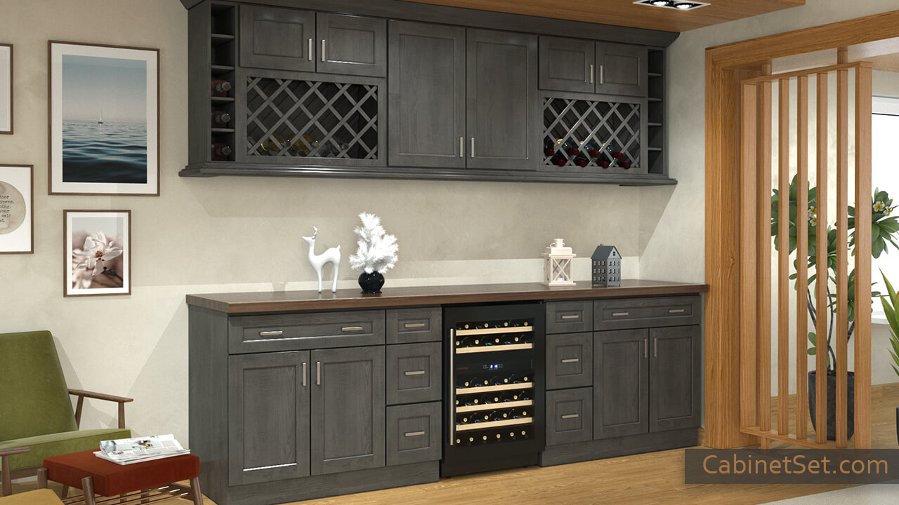 Salem Cinder Shaker kitchen angle view with a wine  rack, wall and base cabinets.