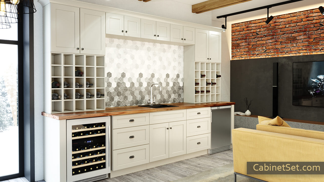 Salem Cream Shaker kitchen full view with a wine rack cabinet, wall and base cabinets.
