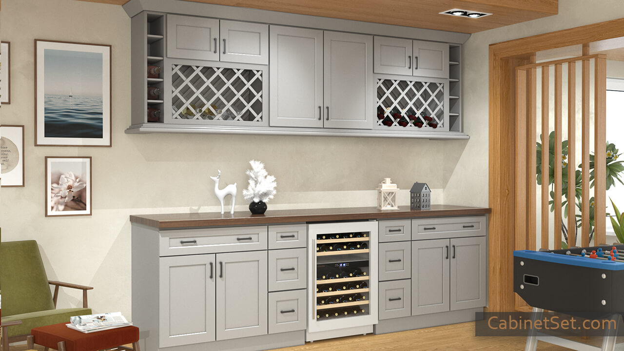 Salem Dove Shaker kitchen angle view with a wine rack cabinet, wall and base cabinets.