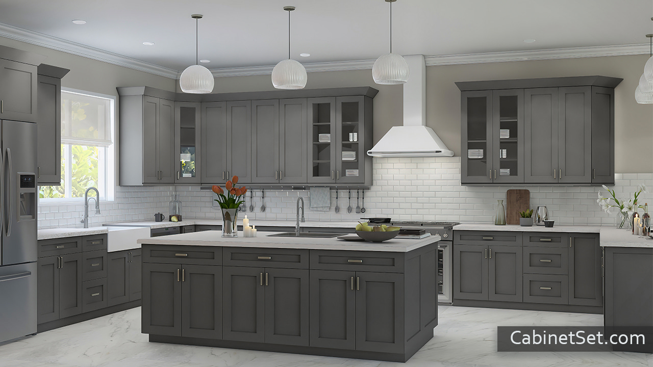 Salem Grey Shaker kitchen full angle view with an island.