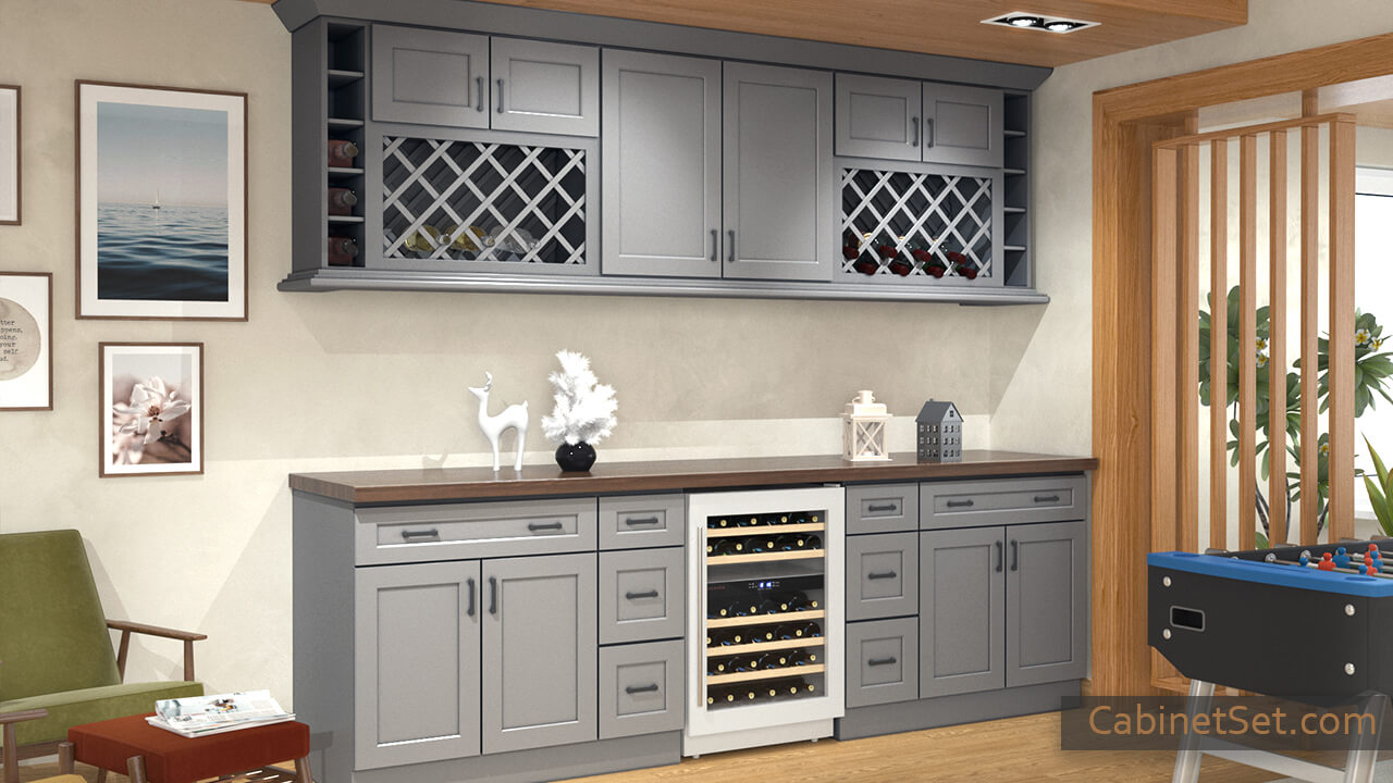 Salem Grey Shaker kitchen angle view with a wine rack cabinet, wall and base cabinets.