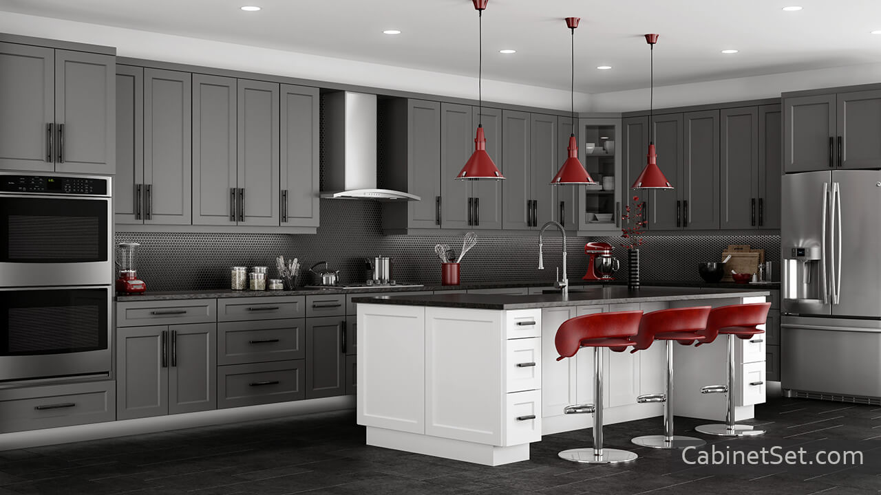 Salem Grey Shaker kitchen full view with an island, wall and base cabinets.