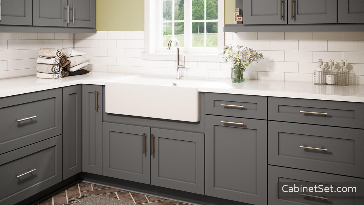 Salem Grey Shaker kitchen angle view with a farmhouse sink base cabinet.
