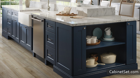 Salem Navy Shaker kitchen full view with an island.