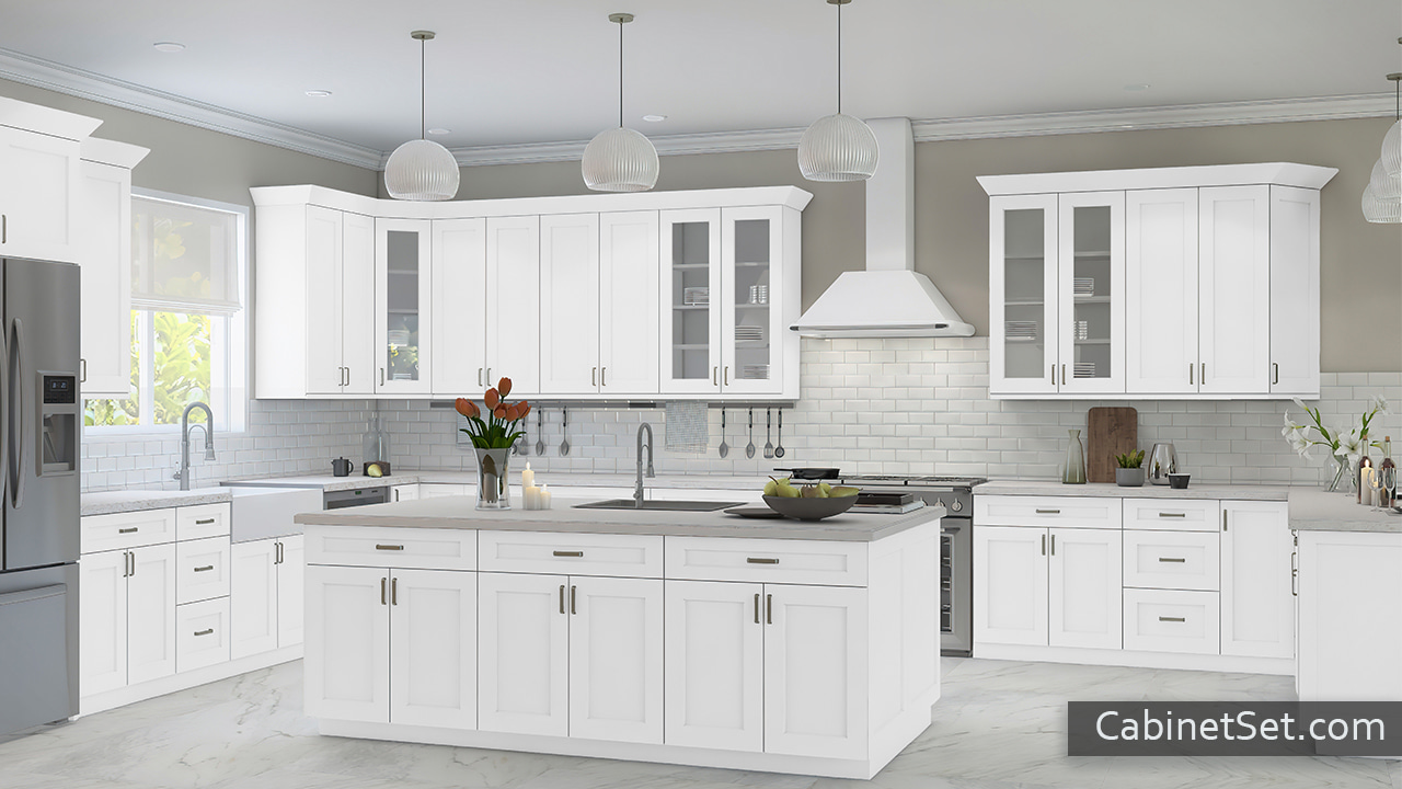 Salem White Shaker kitchen angle view with an island.