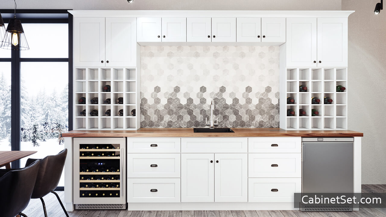 Salem White Shaker kitchen full view with a wine rack cabinet, wall and base cabinets.