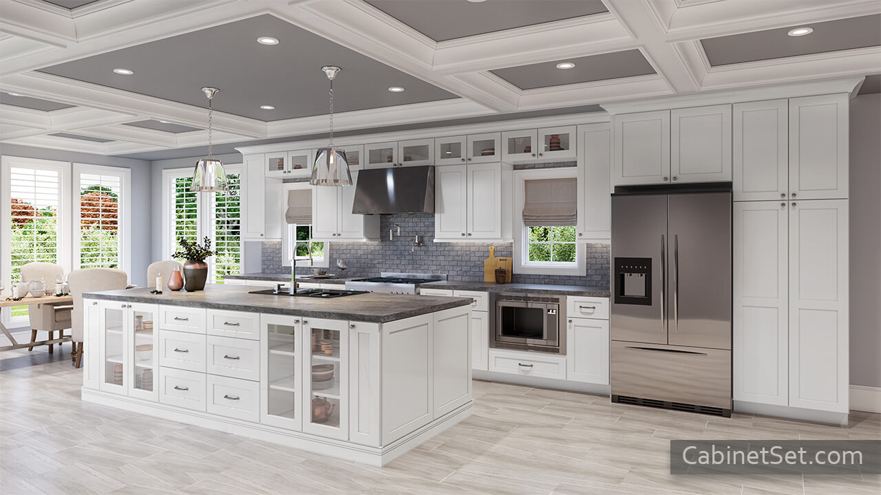 Salem White Shaker kitchen full angle view with an island, wall, base and pantry cabinets.