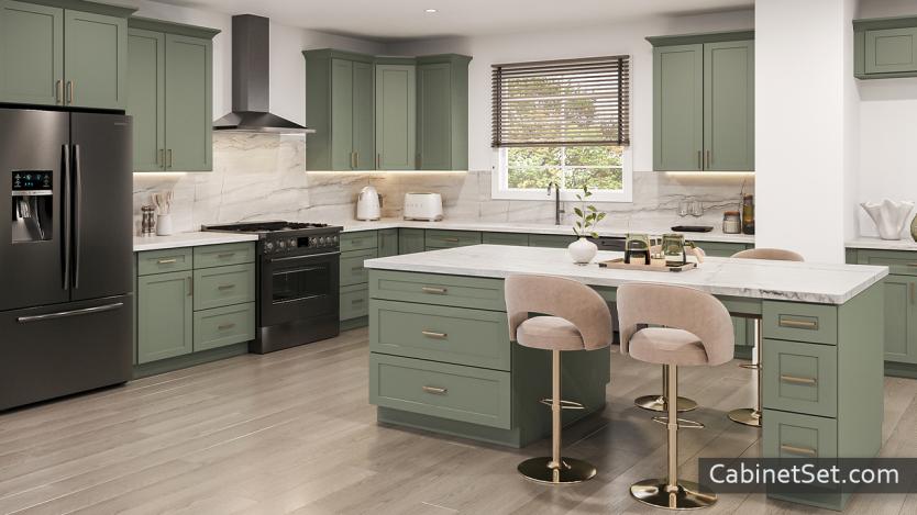 Summit Hazel Shaker kitchen angle view with an island and wall cabinets.