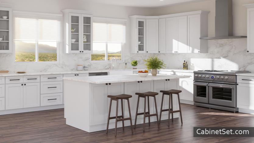 Summit White Shaker kitchen angle view with an island and wall glass door cabinets.
