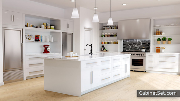 Ultra White kitchen angle view with island.