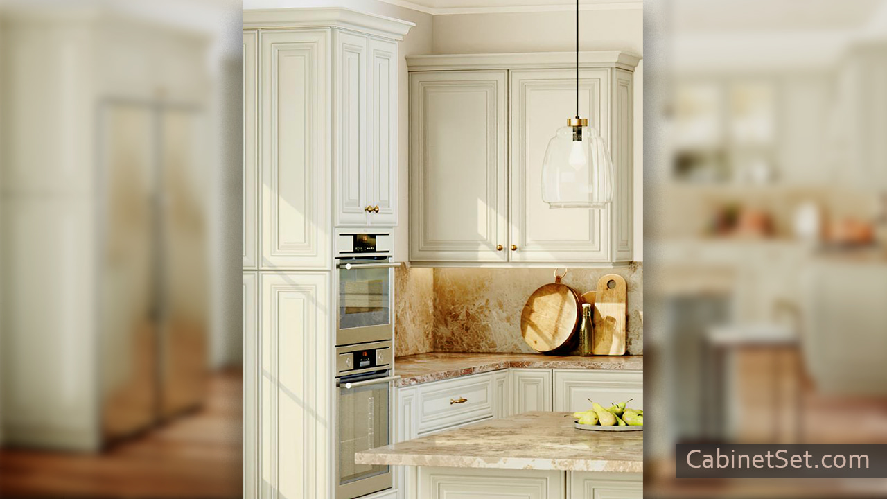 Vanilla Glaze kitchen angle view with wall and pantry cabinets.