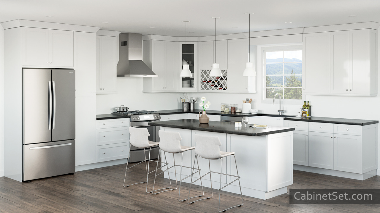 Victoria White Shaker kitchen full view with an island.