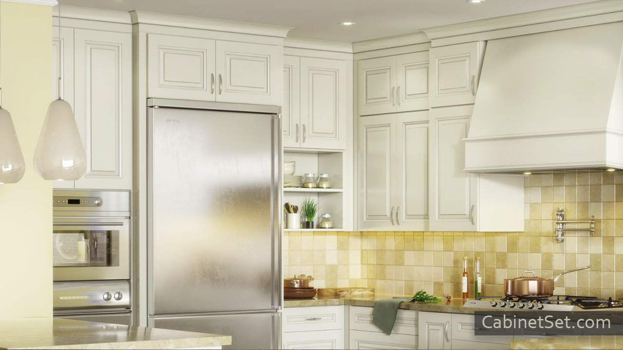 Windsor Ivory kitchen angle view with wall cabinets.